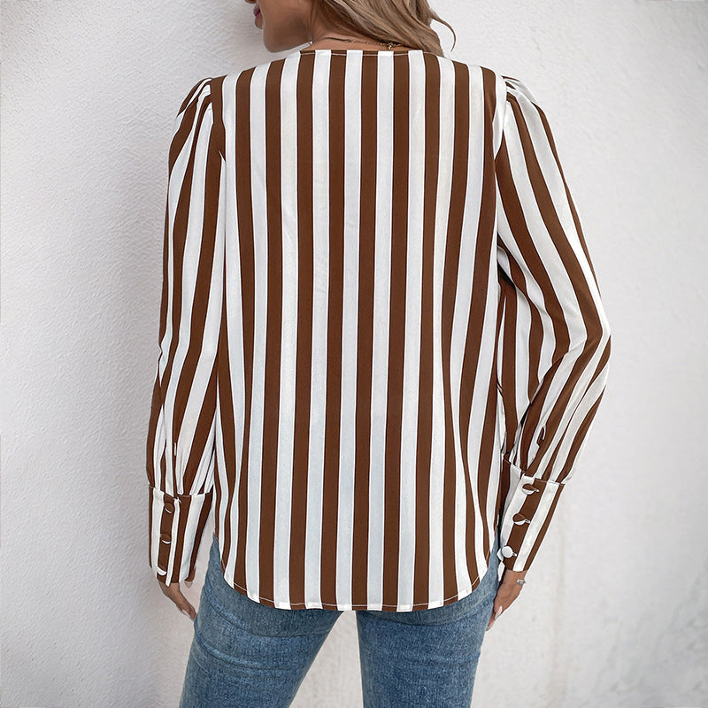Striped Blouse with Button Front and Puff Sleeves