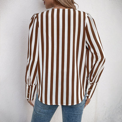 Striped Blouse with Button Front and Puff Sleeves