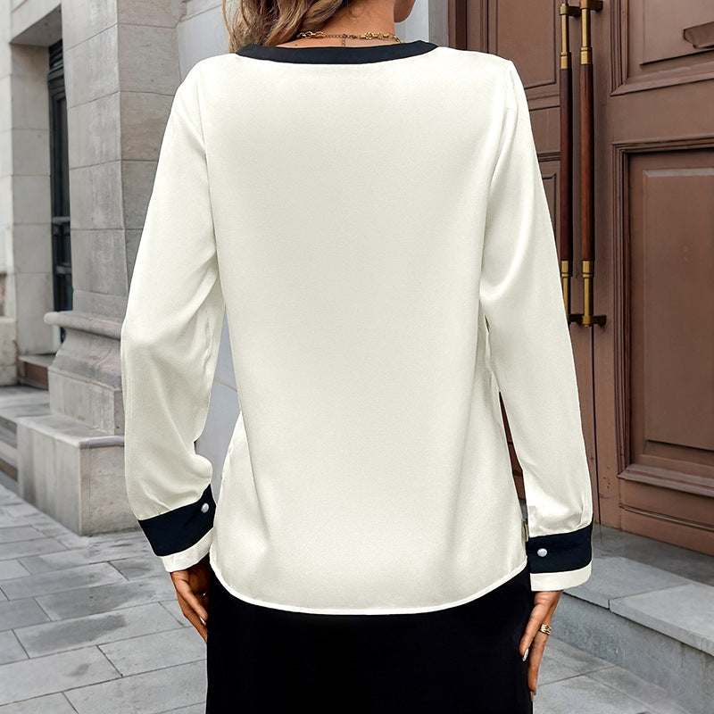Color-Blocked Satin Blouse with Deep V-Neck