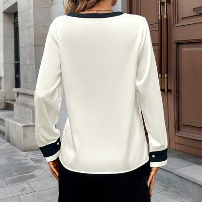 Color-Blocked Satin Blouse with Deep V-Neck