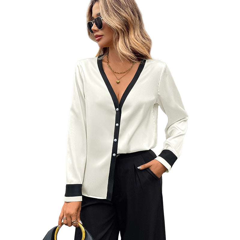 Color-Blocked Satin Blouse with Deep V-Neck