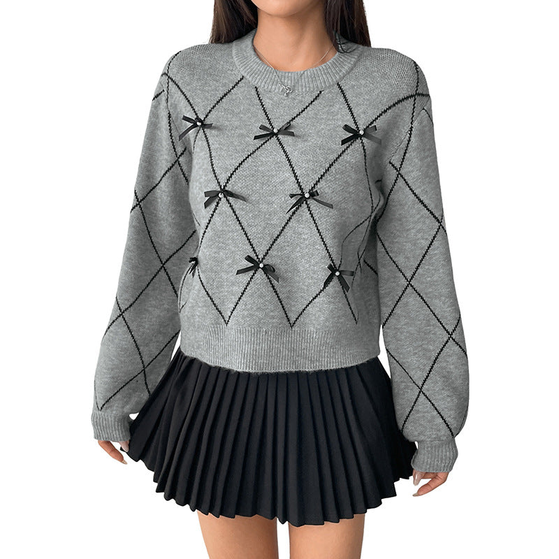 Loose Argyle Bow Pullover with Round Neck