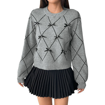 Loose Argyle Bow Pullover with Round Neck