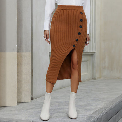 Bodycon Ribbed Knit Midi Skirt with Side Slit and Buttons