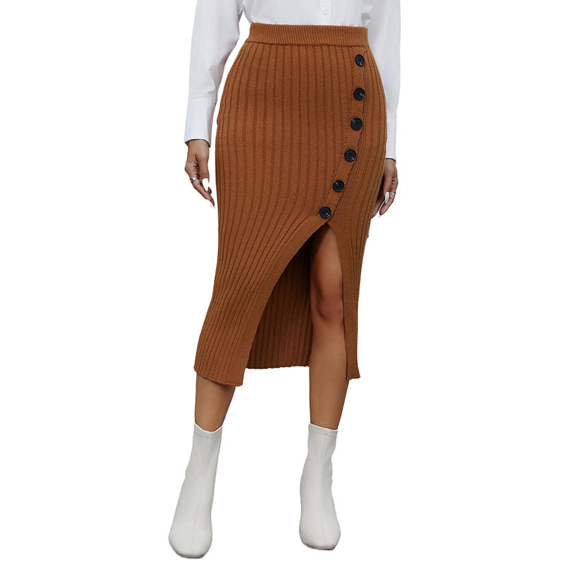 Bodycon Ribbed Knit Midi Skirt with Side Slit and Buttons