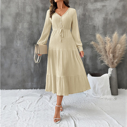 Solid Tiered Midi Dress with V-Neck and Drawstring Waist
