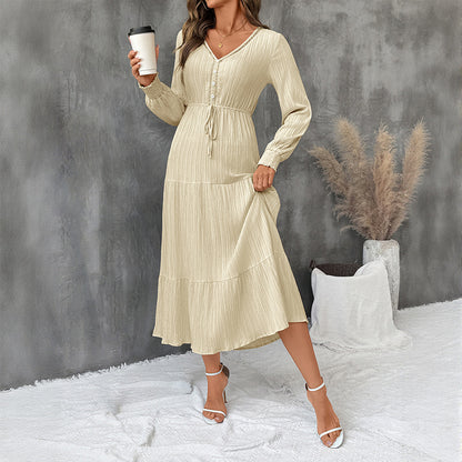 Solid Tiered Midi Dress with V-Neck and Drawstring Waist