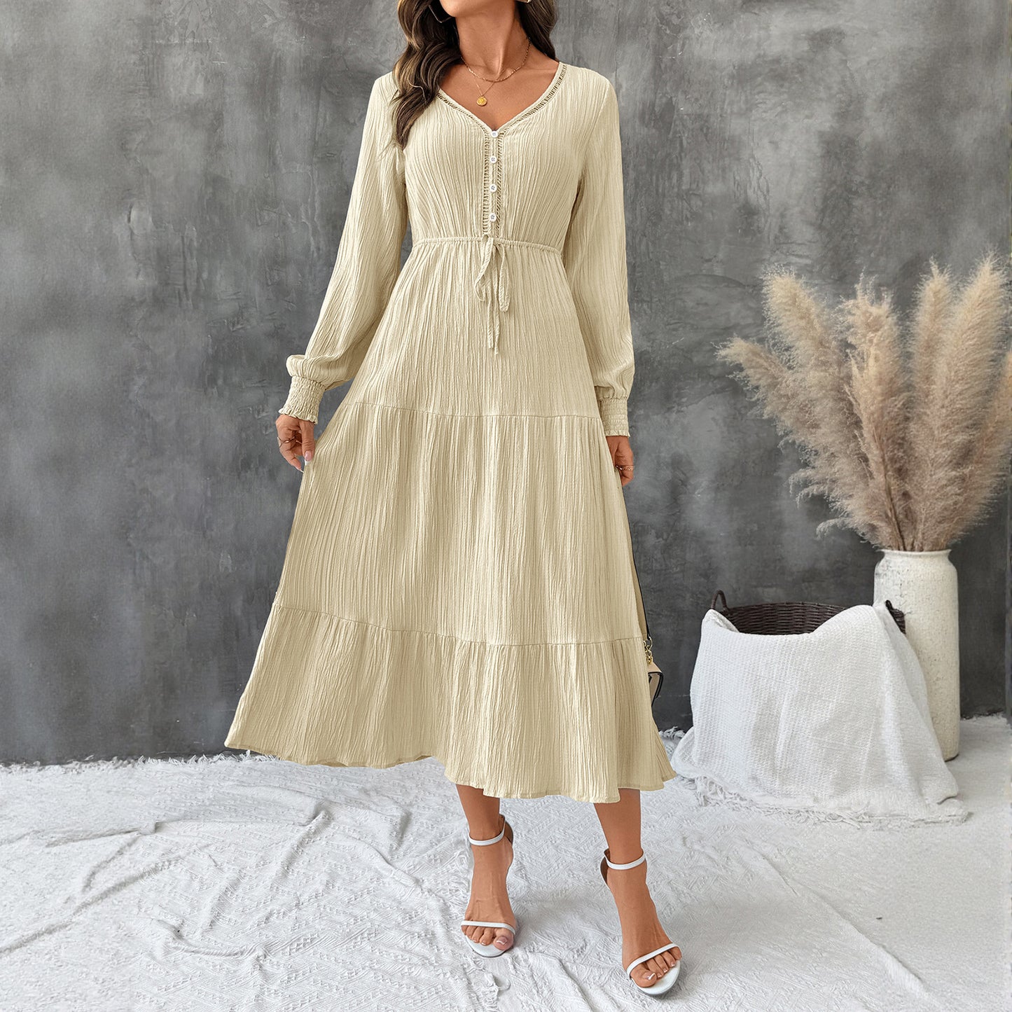 Solid Tiered Midi Dress with V-Neck and Drawstring Waist
