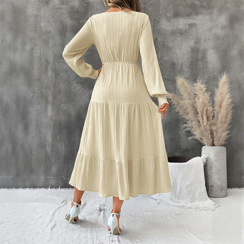 Solid Tiered Midi Dress with V-Neck and Drawstring Waist