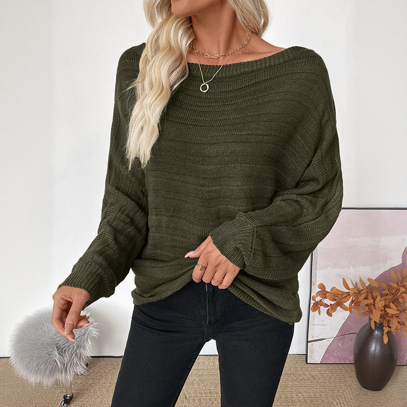 Loose Ribbed Knit Sweater with Off-Shoulder Neck and Batwing Sleeves