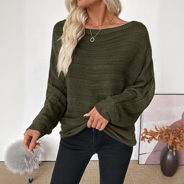 Loose Ribbed Knit Sweater with Off-Shoulder Neck and Batwing Sleeves