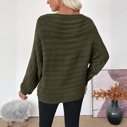 Loose Ribbed Knit Sweater with Off-Shoulder Neck and Batwing Sleeves