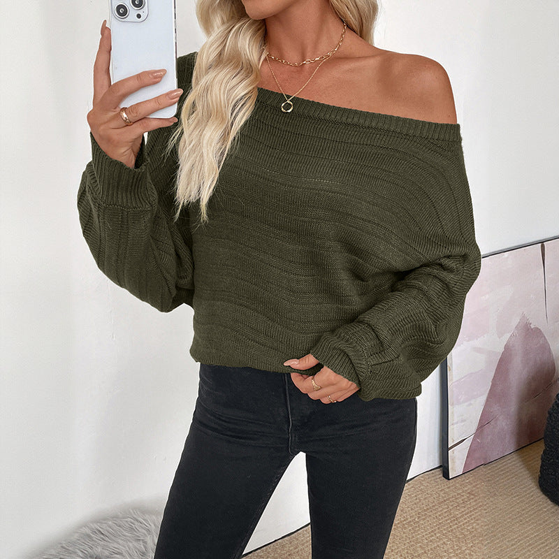 Loose Ribbed Knit Sweater with Off-Shoulder Neck and Batwing Sleeves