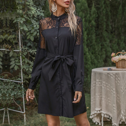 Black Button-Front Shirt Dress with Lace Yoke and Tie Belt