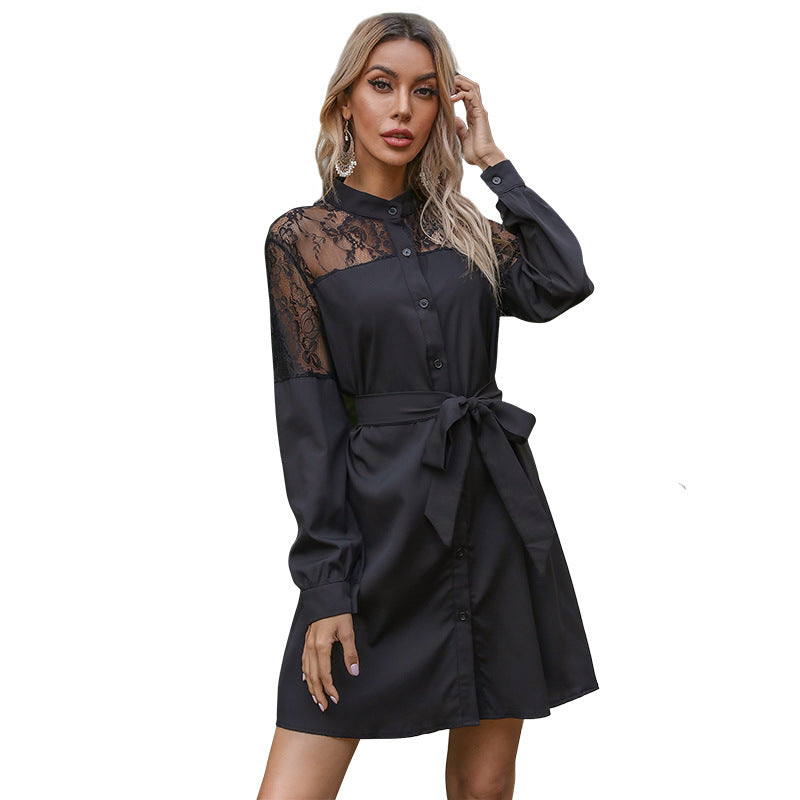 Black Button-Front Shirt Dress with Lace Yoke and Tie Belt