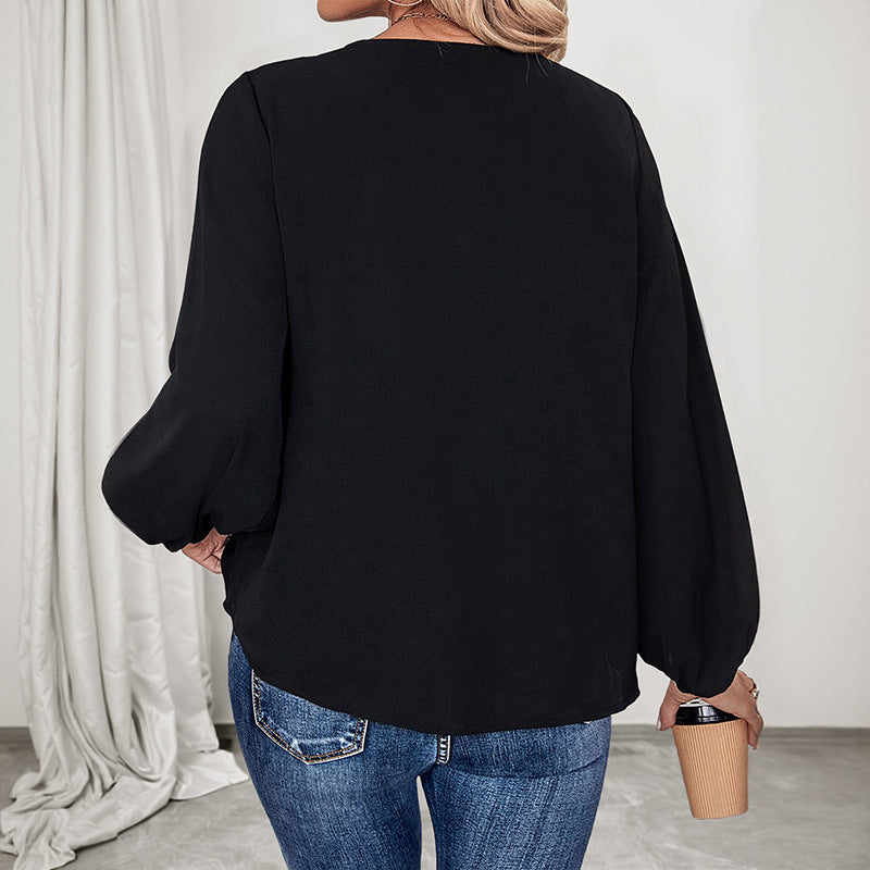Color-Block Leopard Trim Blouse with V-Neck and Long Sleeves