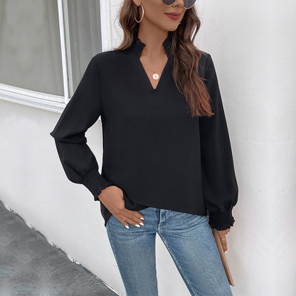 Solid Long-Sleeve Blouse with Notched V-Neck and Smocked Cuffs