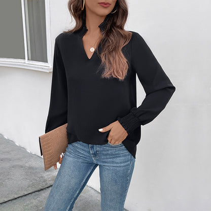 Solid Long-Sleeve Blouse with Notched V-Neck and Smocked Cuffs