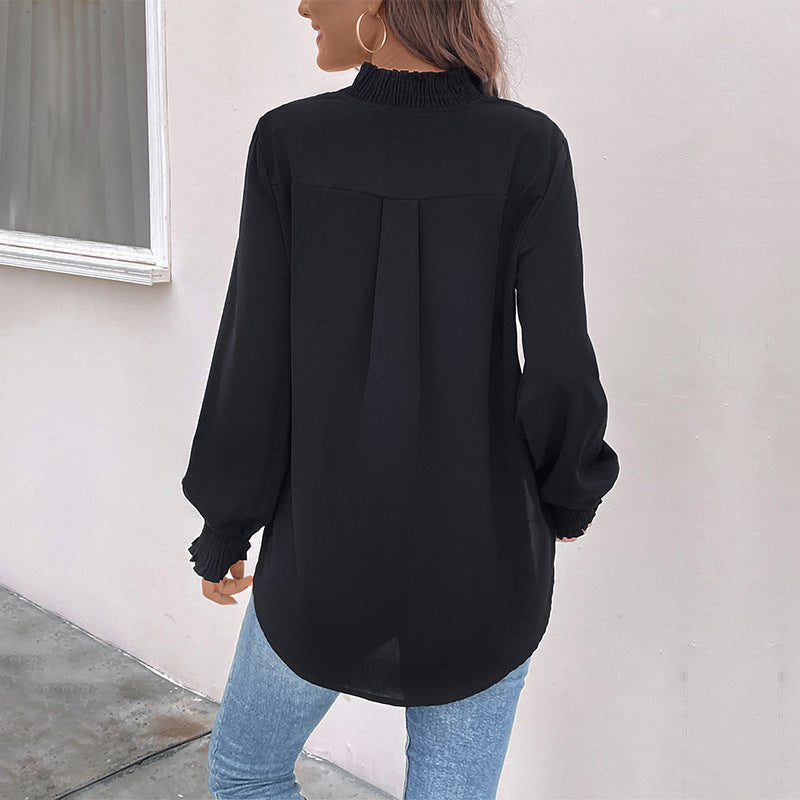 Solid Long-Sleeve Blouse with Notched V-Neck and Smocked Cuffs
