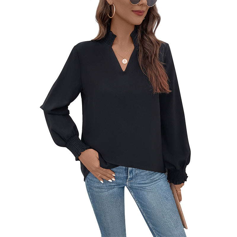 Solid Long-Sleeve Blouse with Notched V-Neck and Smocked Cuffs