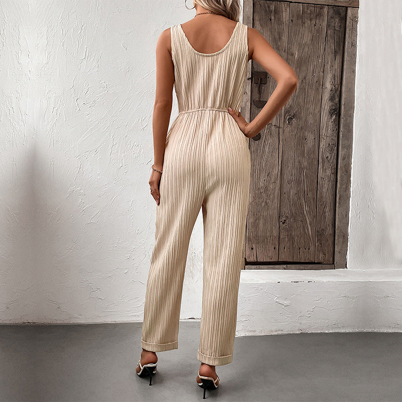Sleeveless Pleated Jumpsuit with Drawstring Waist