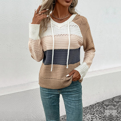 Color-Blocked Knit Hooded Sweater with Drawstring V-Neck