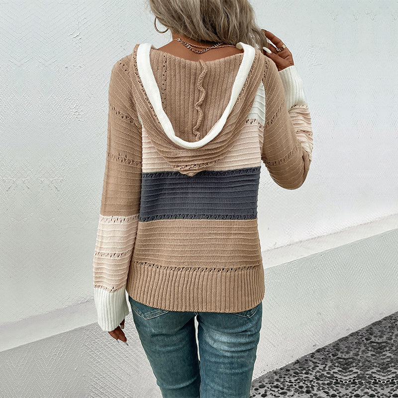 Color-Blocked Knit Hooded Sweater with Drawstring V-Neck