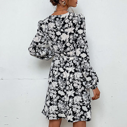 Floral A-Line Dress with V-Neck and Tie-Waist