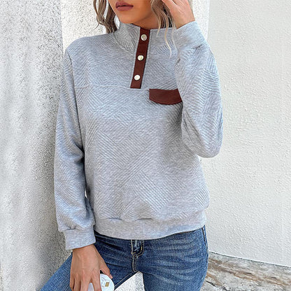 Quilted Pullover Sweatshirt with Contrast Button Placket