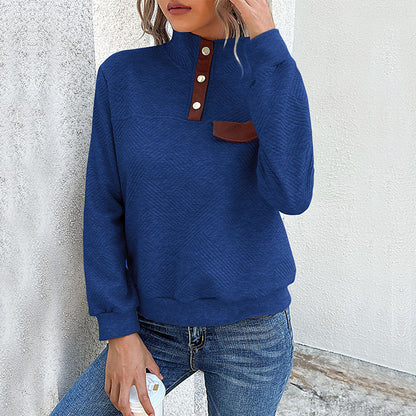 Quilted Pullover Sweatshirt with Contrast Button Placket