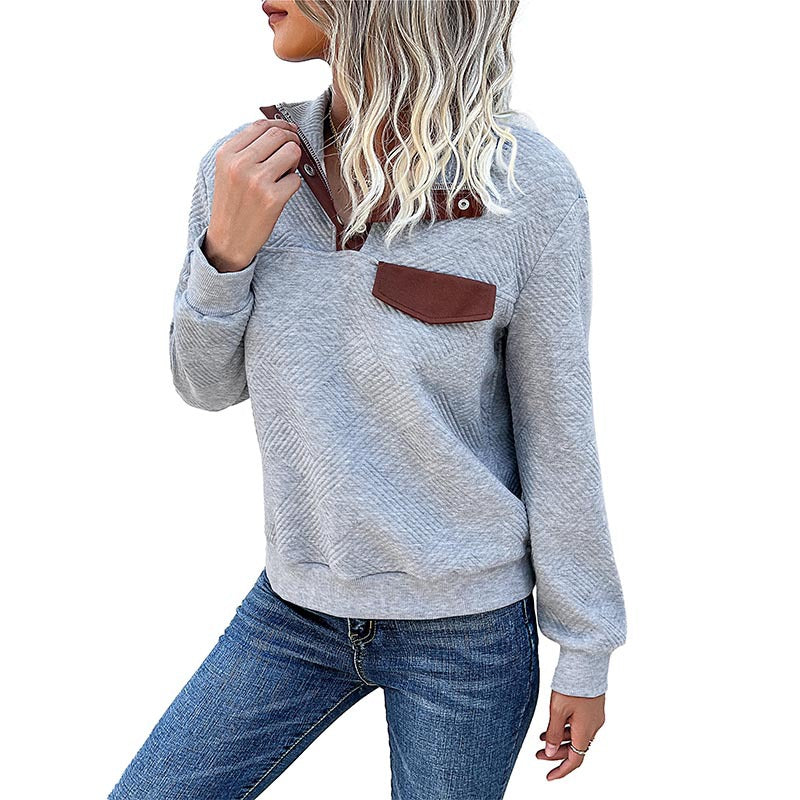 Quilted Pullover Sweatshirt with Contrast Button Placket