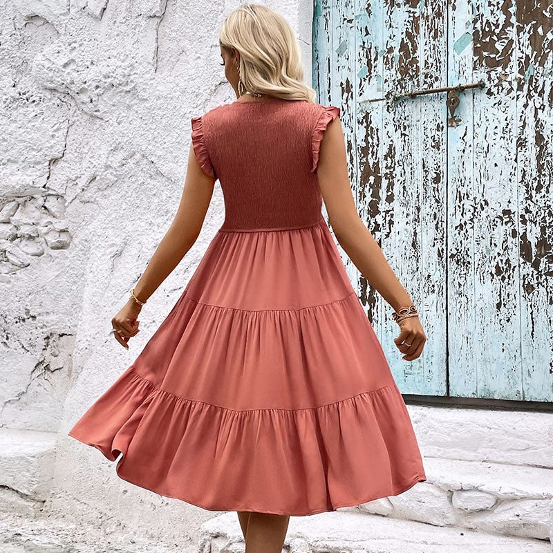 Solid Midi Dress with Smocked Bodice and Tiered Skirt