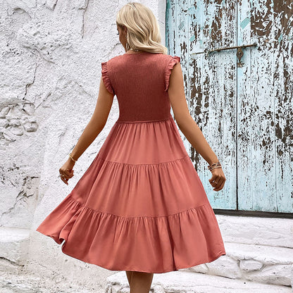 Solid Midi Dress with Smocked Bodice and Tiered Skirt