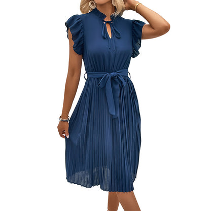 Solid Pleated Midi Dress with Tie-Waist and Ruffle Sleeves
