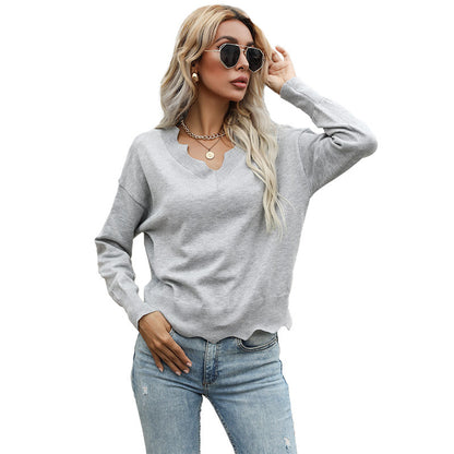 Loose Solid Sweater with Scalloped V-Neck and Long Sleeves