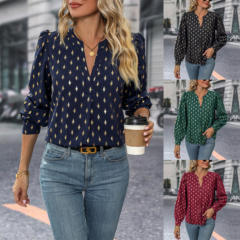 Bronzing Diamond Print Blouse with V-Neck and Puff Sleeves