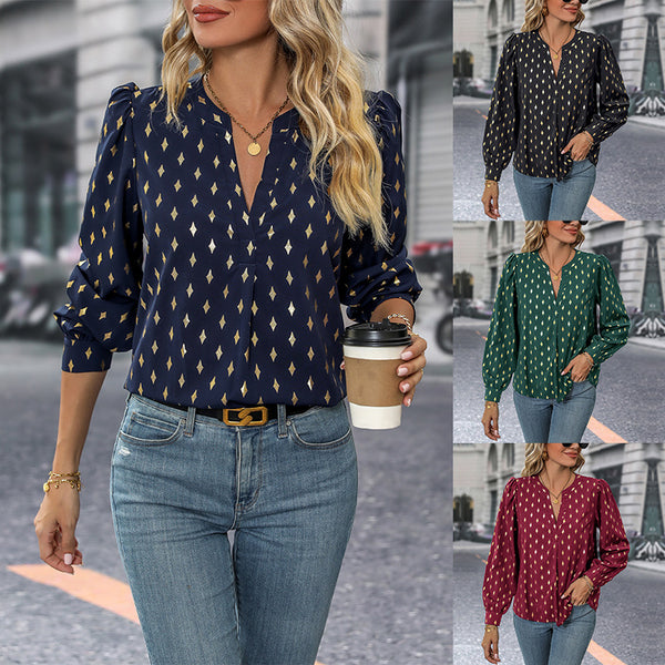 Bronzing Diamond Print Blouse with V-Neck and Puff Sleeves