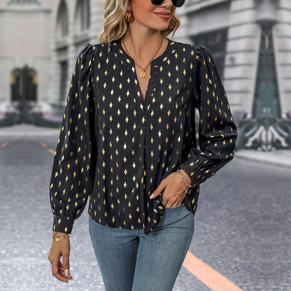 Bronzing Diamond Print Blouse with V-Neck and Puff Sleeves