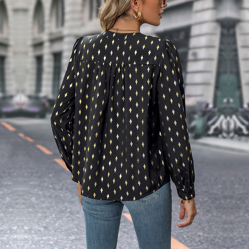 Bronzing Diamond Print Blouse with V-Neck and Puff Sleeves