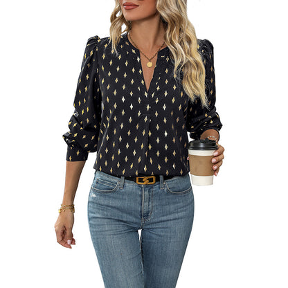 Bronzing Diamond Print Blouse with V-Neck and Puff Sleeves