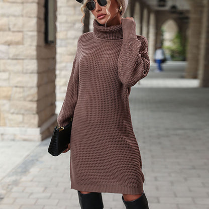 Solid Knit Turtleneck Sweater Dress with Long Sleeves