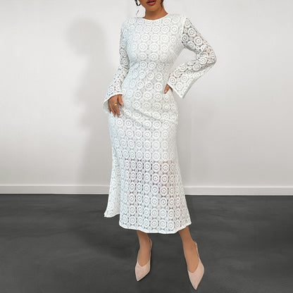 Lace Sheath Midi Dress with Bell Sleeves and Fishtail Hem