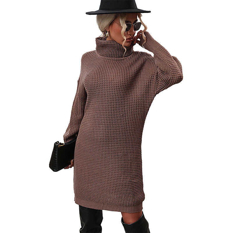 Solid Knit Turtleneck Sweater Dress with Long Sleeves
