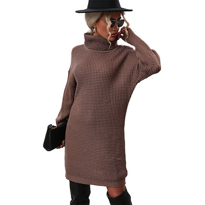 Solid Knit Turtleneck Sweater Dress with Long Sleeves