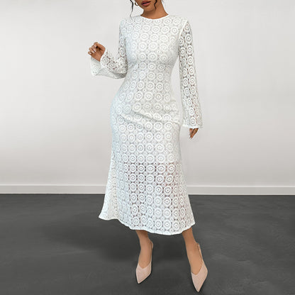 Lace Sheath Midi Dress with Bell Sleeves and Fishtail Hem