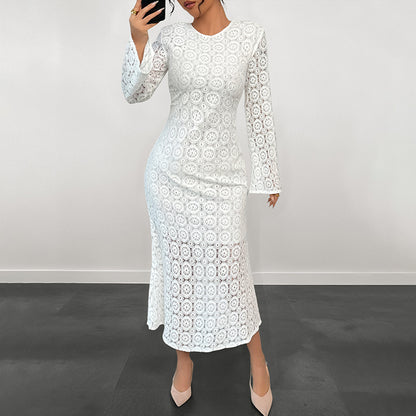 Lace Sheath Midi Dress with Bell Sleeves and Fishtail Hem