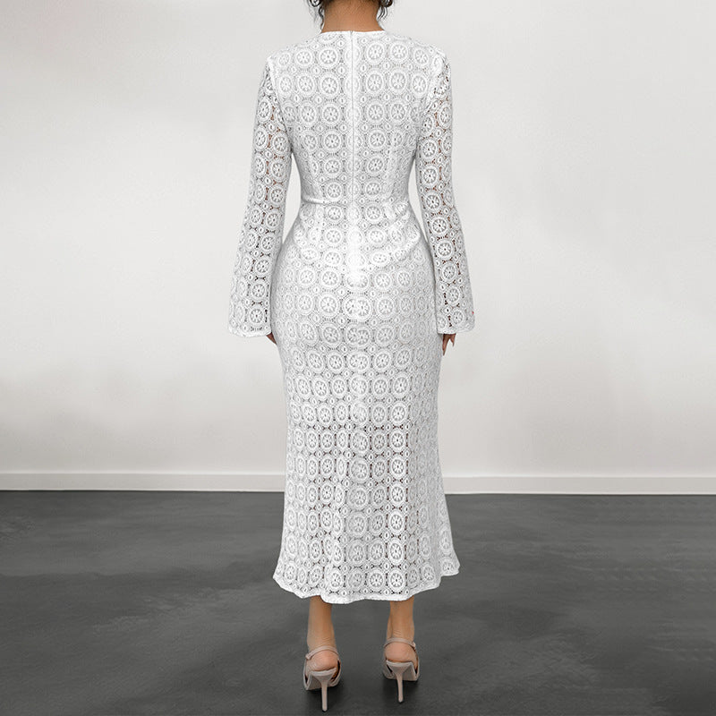 Lace Sheath Midi Dress with Bell Sleeves and Fishtail Hem