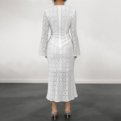 Lace Sheath Midi Dress with Bell Sleeves and Fishtail Hem