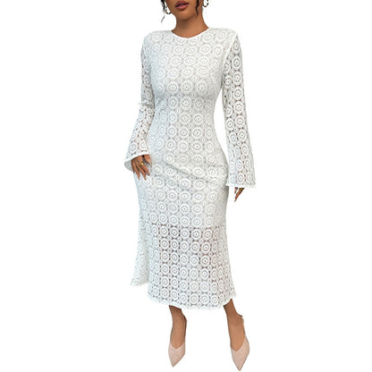 Lace Sheath Midi Dress with Bell Sleeves and Fishtail Hem