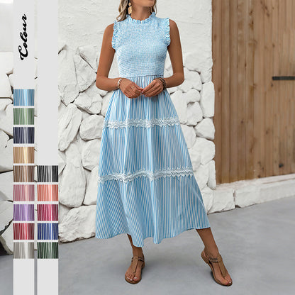 Striped A-Line Midi Dress with Smocked Bodice and Lace Trim